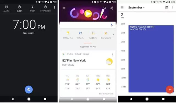 从左到右分别是 Clock，Google 和 Google Calendar